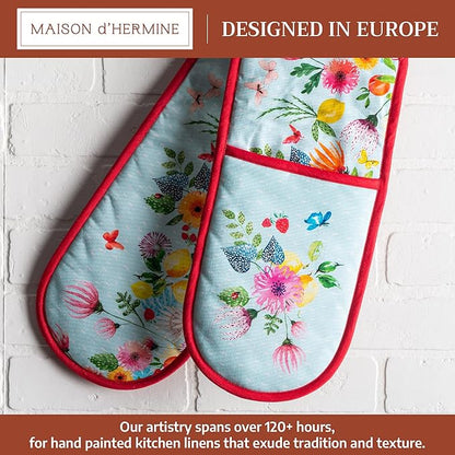 Maison d' Hermine Double Oven Mitts 100% Cotton 7"x35" Double Oven Mitt Heat Resistant BBQ Cooking Gloves with Loop Baking Grilling Kitchen Hotel Home Farmhouse Spring Summer (Jardin D'Ete - Mint)