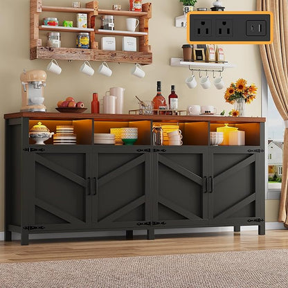 knoworld 63'' Buffet Sideboard with Storage with Power Outlets & LED Light 4 Doors, Large Farmhouse Kitchen Storage Cabinet Wood Coffee Bar Cabinet Buffet Table for Kitchen, Dining Room, Entryway