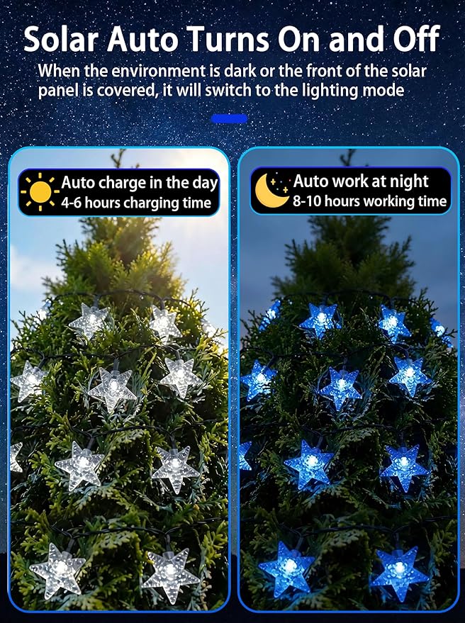 Solar Twinkle Star String Lights Outdoor Indoor Waterproof 39FT 100 LED Solar Powered Fairy Lights with 8 Lighting Modes Christmas Decor for Camping Tree Party Yard Wedding Garden (Blue)