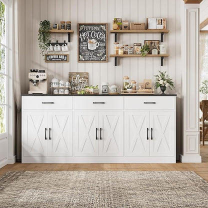 HOSTACK 71" Large Sideboard Buffet Cabinet with Storage, Farmhouse Coffee Bar Cabinet with 3 Drawers, Long Kitchen Buffet Table, Kitchen Sideboard Storage Cabinet for Dining, Living Room, White/Black