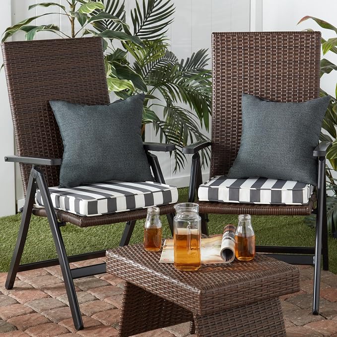Outdoor 18 inch Square Patio Dining Chair Pads – Comfortable Fiber-Filled Seat Cushions with Ties, Reversible Polyester Fabric - Canopy Stripe Gray, Set of 2