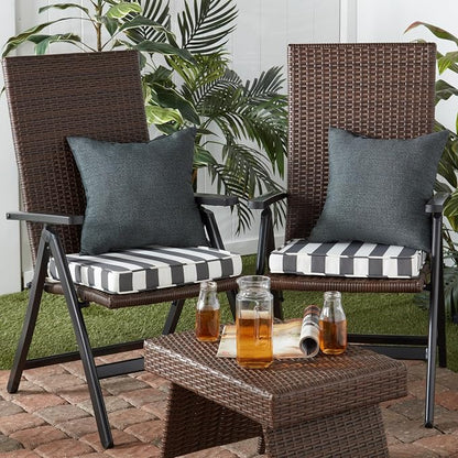 Outdoor 18 inch Square Patio Dining Chair Pads – Comfortable Fiber-Filled Seat Cushions with Ties, Reversible Polyester Fabric - Canopy Stripe Gray, Set of 4