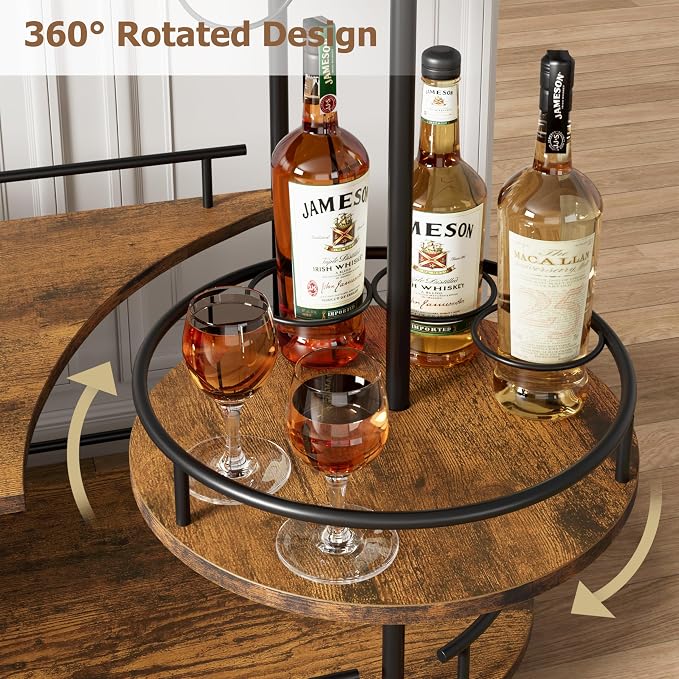 GarveeHome 3-Tier Bar Cart on Wheels, Mobile Serving Cart with Wine Rack and Glass Holder, Metal Kitchen Utility Cart for Coffee Station, Mini Home Bar, Dining Room - Black+Retro Brown