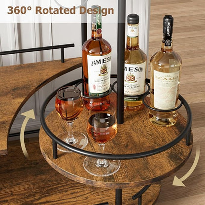 GarveeHome 3-Tier Bar Cart on Wheels, Mobile Serving Cart with Wine Rack and Glass Holder, Metal Kitchen Utility Cart for Coffee Station, Mini Home Bar, Dining Room - Black+Retro Brown