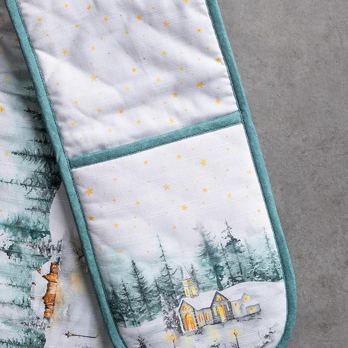 Maison d' Hermine Double Oven Mitts 100% Cotton Double Oven Glove (7"x35") | Heat Resistant BBQ Cooking Gloves with Loop Baking Kitchen Home Hotel Farmhouse Thanksgiving Christmas - Neige de Noel