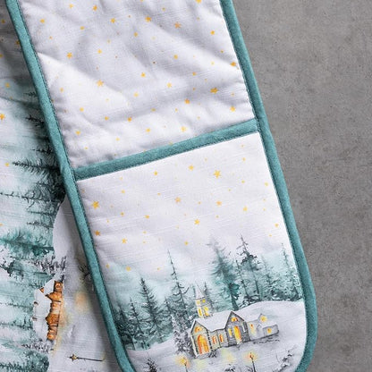Maison d' Hermine Double Oven Mitts 100% Cotton Double Oven Glove (7"x35") | Heat Resistant BBQ Cooking Gloves with Loop Baking Kitchen Home Hotel Farmhouse Thanksgiving Christmas - Neige de Noel
