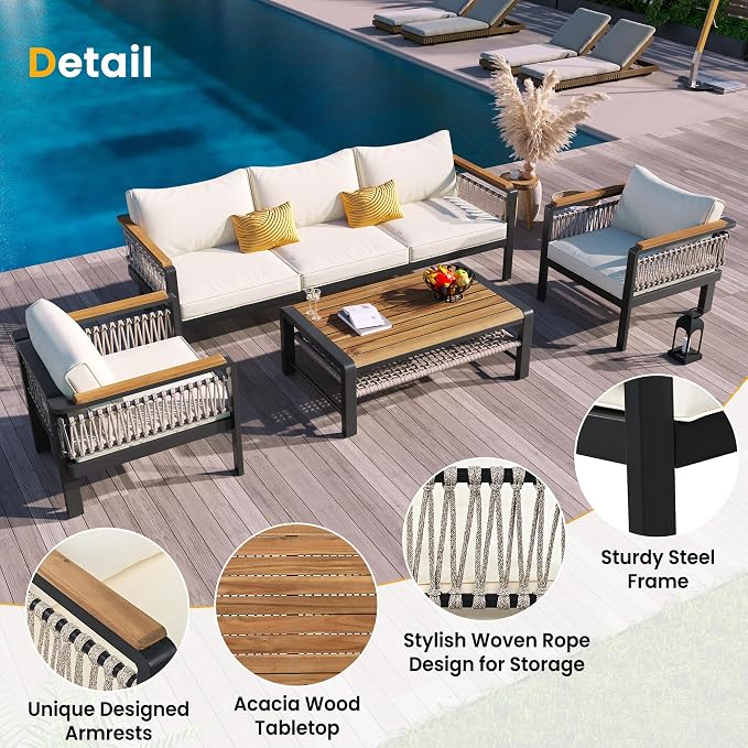 VilroCaz 4 Pieces Outdoor Sectional Sofa Set, All-Weather Patio Seating Group Cnversation Set with Cushions and Coffee Table for Patios Gardens Balcony, Sturdy Steel Frame (Beige+Metal & Wood)