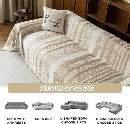 MEETSKY Boho Couch Cover for Sofa,Dog Couch Cover Washable Cat Scratch Proof Sofa Covers Love Seat L Shape Soft Sectional Sofa Slipcover Furniture Protector for Pets Kids,71" x 118",Khaki with Stripes