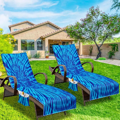 Beach Chair Cover with Side Pockets (1Pc), Thick and Quick Dry Lounge Chair Towel Cover for Sun Lounger Pool Sunbathing Garden Beach Hotel, No Sliding,Blue Tie Dye