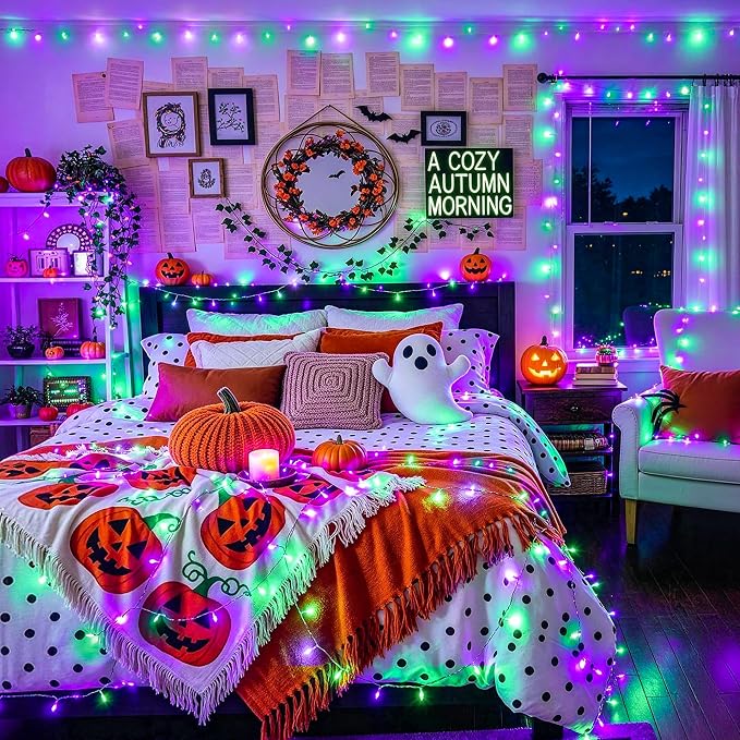 JMEXSUSS 2 Pack 66FT 200 LED Battery Operated Halloween Lights with Remote | Purple and Green Halloween Lights Indoor Outdoor, 8 Modes String Lights for Outside Yard Tree Front Porch Room House