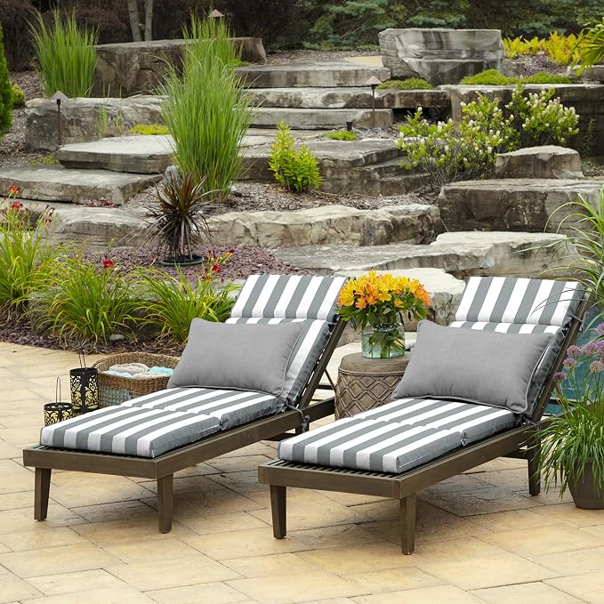 Arden Outdoor Chaise Cushion, 21 in x 72 in, Weather-Proof, Rain-Proof, Fade Resistant Patio Cushion for Chaise Lounger Stone Grey Cabana Stripe | Lounge Cushion, Weather-Proof, Rain-Proof, Fade Resistant for Chaise Lounger Stone, Mold and Mildew Resis...