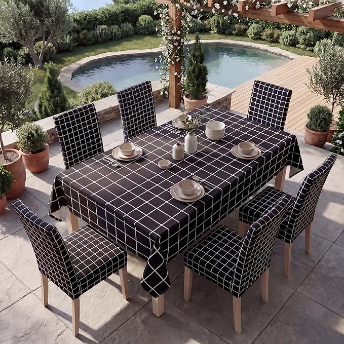 7 Pcs Black Grid Tablecloth and Chair Covers Set 60 x 84 Inch Waterproof Stain Resistant Rectangular Table Cover with Stretchable Removable Chair Slipcovers for Dining Room Patio Summer Party