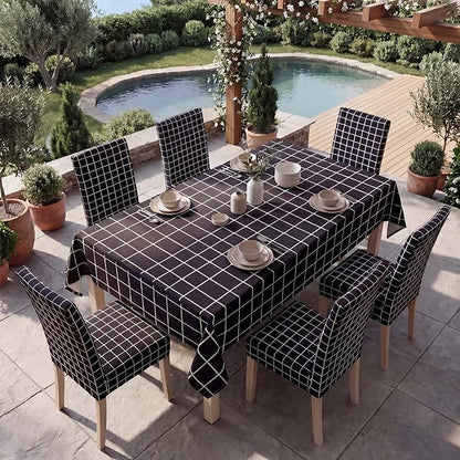 7 Pcs Black Grid Tablecloth and Chair Covers Set 60 x 84 Inch Waterproof Stain Resistant Rectangular Table Cover with Stretchable Removable Chair Slipcovers for Dining Room Patio Summer Party