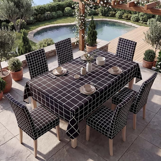 7 Pcs Black Grid Tablecloth and Chair Covers Set 60 x 84 Inch Waterproof Stain Resistant Rectangular Table Cover with Stretchable Removable Chair Slipcovers for Dining Room Patio Summer Party