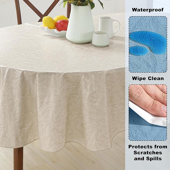 Newbridge Napa Leaf Taupe Vinyl Flannel Backed Tablecloth, 60 x 84 Inch Oval, Hotel Quality Waterproof Indoor Outdoor Table Cover for Kitchen, Patio, Dining, BBQ