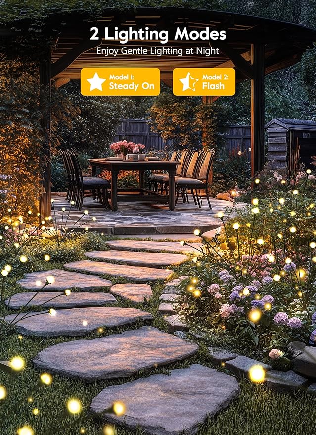 Brightown 4 Pack Solar Garden Lights, 48 LED Firefly Lights, 2 Lighting Modes, Wind Sway IP65 Waterproof Outdoor Lights for Garden Yard Pathway Decor, Warm White