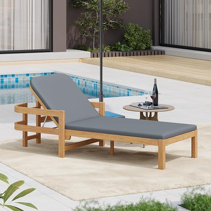Christopher Knight Home Kayas Acacia Wood Chaise Lounge with Adjustable Backrest, 77.5" Outdoor Sun Lounger with Cushion, Modern Patio Lounger Recliner Chair for Poolside Lawn, Light Teak+Gray, 1PCS