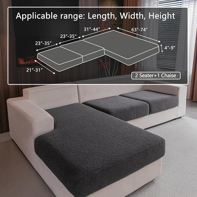 OHSIO Couch Cushion Covers for Sectional Sofa, Stretch Soft Sofa Slipcovers Washable Wear-Resistant Universal Furniture Protector for Living Room(2 Seaters Covers+1 Chaise Cover, Dark Gray)