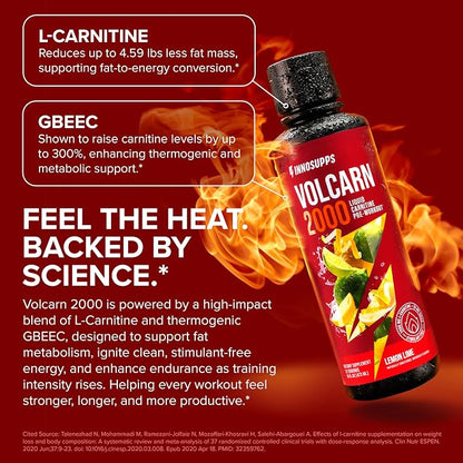 Volcarn 2000 L-Carnitine Liquid Energy, Lemon Lime, 32 Servings | Energy booster and ATP supplement with GBEEC; Enhances focus; Caffeine-free, no artificial sweeteners