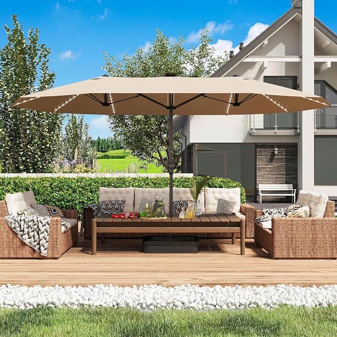 GDPFN 15ft Large Patio Umbrella with Solar Lights, Outdoor Double-Side Rectangular Umbrella with Base Included, Backyard Pool Umbrella with LED Light for Deck, Outside, Market, Beige