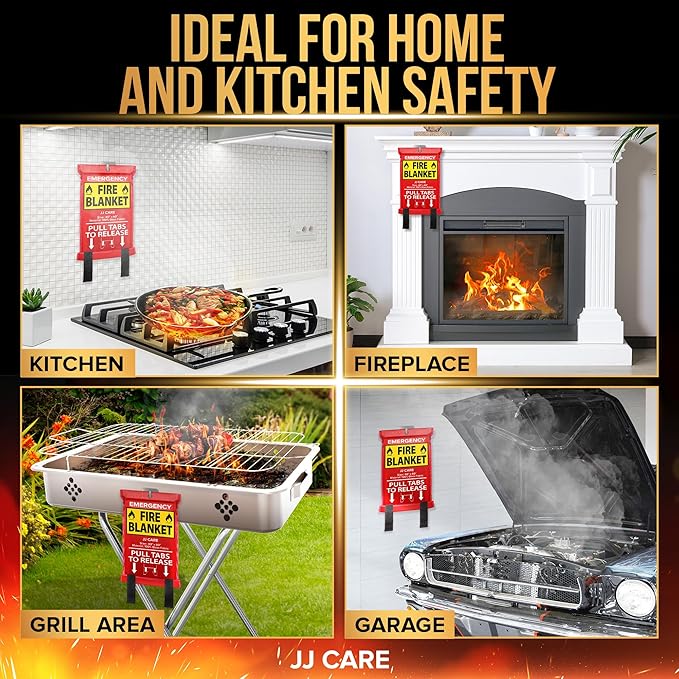 JJ CARE Fire Blanket – 3 Packs with Hooks – 40” x 40” Fire Blankets Emergency for Home and Kitchen, High Heat Resistant and Flame Protection for Kitchen, Car, Office, Camping & Home Safety