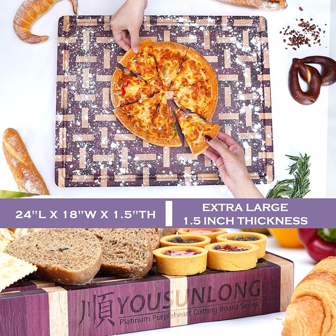 YOUSUNLONG End Grain Cutting Board - 20"L x 16"W Purple Heart Wood Chopping Board -1.5 Inch Thick with Juice Groove and Hand Grip - Butcher Block,Barbecue Tray,Cooktop Board,Cheese Board