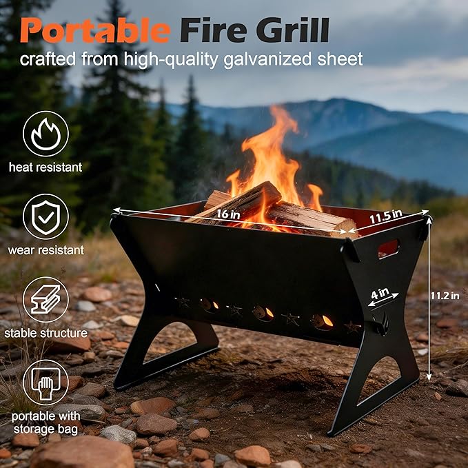 Portable Campfire Grill, HaSteeL Mini Barbecue Slot with Grate & Carry Bag, Heavy-duty BBQ Outdoor Fire Pit for Camping Backyard, Bonfire, Patio, Easy Assembly