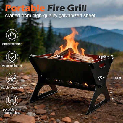 Portable Campfire Grill, HaSteeL Mini Barbecue Slot with Grate & Carry Bag, Heavy-duty BBQ Outdoor Fire Pit for Camping Backyard, Bonfire, Patio, Easy Assembly