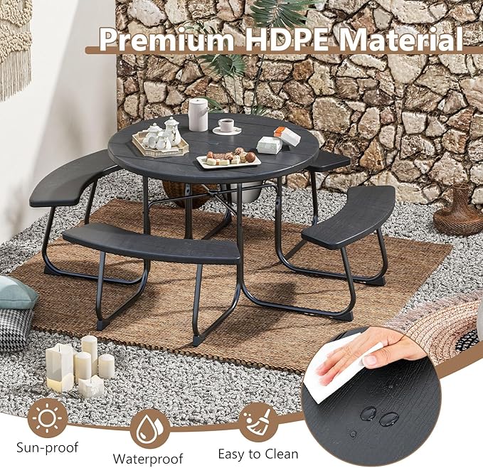 COSTWAY Round Picnic Table with Umbrella Hole, Outdoor Picnic Table with Bench Set for 4-8 People, HDPE Tabletop, Patio Dining Furniture Set for Family Gatherings, BBQ Party, Backyard (Black)