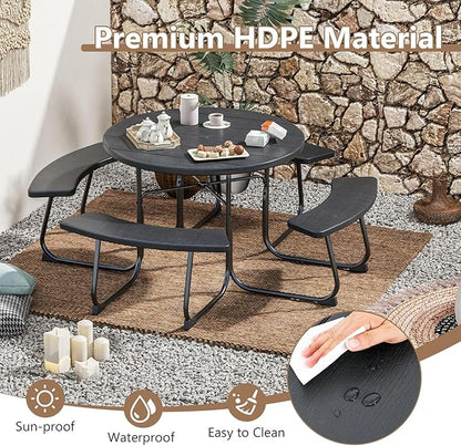 COSTWAY Round Picnic Table with Umbrella Hole, Outdoor Picnic Table with Bench Set for 4-8 People, HDPE Tabletop, Patio Dining Furniture Set for Family Gatherings, BBQ Party, Backyard (Black)