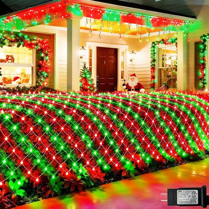 Pooqla Red and Green Christmas Net Lights Outdoor, 15x 5ft Green Wire | 300 LED Large Net Mesh Lights Plug in, 8 Modes Waterproof Connectable Bushes Lights for Christmas Hedge Yard Decor