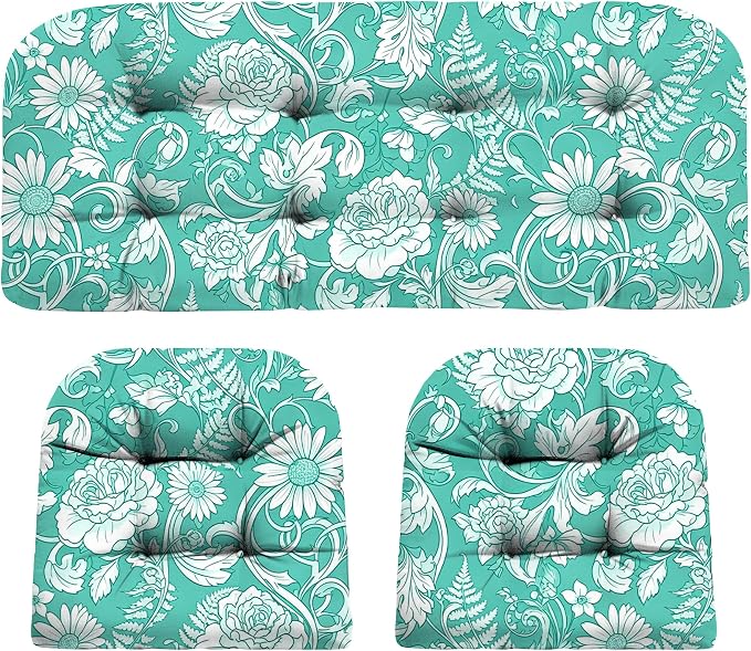 DANGHOOGY Wicker Chair Cushions, Waterproof Outdoor Loveseat Cushions for Patio Furniture, Tufted Wicker Furniture Cushions, 1 Loveseat and 2 U-Shaped Cushions (Cyan Rose)