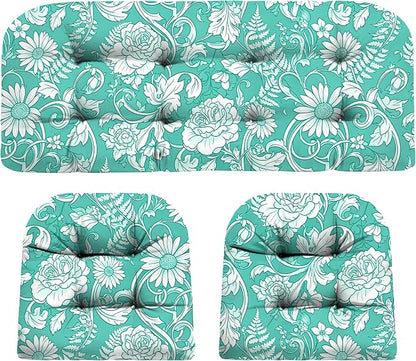 DANGHOOGY Wicker Chair Cushions, Waterproof Outdoor Loveseat Cushions for Patio Furniture, Tufted Wicker Furniture Cushions, 1 Loveseat and 2 U-Shaped Cushions (Cyan Rose)