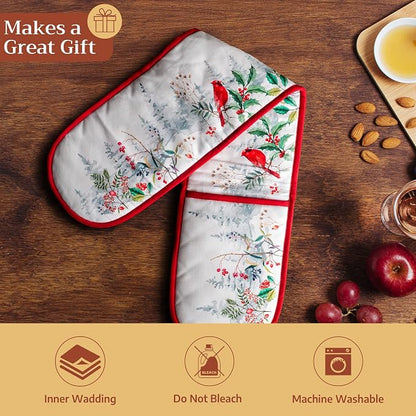 Maison d' Hermine Double Oven Mitts 100% Cotton Double Oven Glove (7"x35") | Heat Resistant BBQ Cooking Gloves with Loop Baking Kitchen Home Hotel Farmhouse Thanksgiving Christmas - Morzine