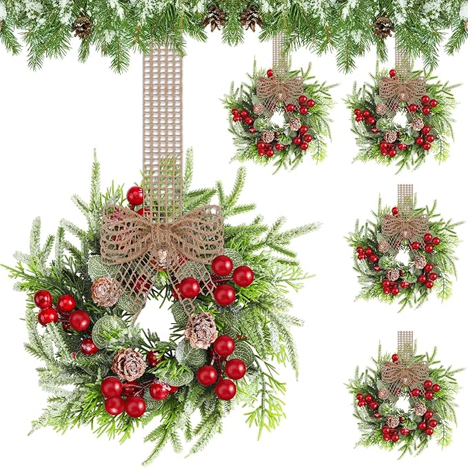 Dingion 4 Pcs Small Christmas Wreaths for Cabinet Kitchen Decor Mini Artificial Wreath 9 Inch Faux Garland with Burlap Ribbon for Vintage Retro Home Table Candle Porch Window Indoor Outdoor Decor