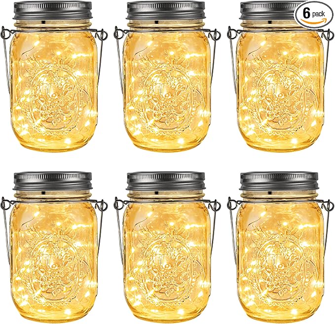 GIGALUMI Hanging Mason Jar Solar Lights, 6 Pack 30 Led Tinplate Lids Hanging Solar Lanterns Outdoor Waterproof, Hangers and Jars Included, Outdoor Decor for Balcony, Garden, Patio, Yard, Wedding