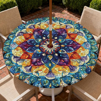 Outdoor Tablecloth with Umbrella Hole and Zipper Fits 53-60" Tables | Waterproof Round Fitted Tablecloth with Elastic Edge, Wipeable Outdoor Table Cover for Patio, Garden, Picnic
