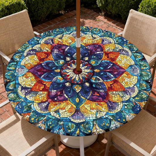 Outdoor Tablecloth with Umbrella Hole and Zipper Fits 61-65" Tables | Waterproof Round Fitted Tablecloth with Elastic Edge, Wipeable Outdoor Table Cover for Patio, Garden, Picnic