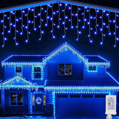 Joomer Christmas Icicle Lights Outdoor Waterproof, 33FT, Blue | 50 Drops Connectable Timer8 Modes Plug-in String Light for Indoor Party, Eaves Roof yard Xmas Decorations
