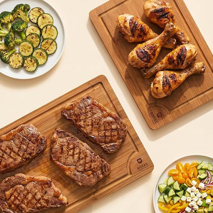 ROYAL CRAFT WOOD Wooden Cutting Boards for Kitchen Meal Prep & Serving - Bamboo Non Toxic Cutting Board Set with Deep Juice Groove Side Handles - Charcuterie & Chopping Butcher Block for Meat (2 Pcs)