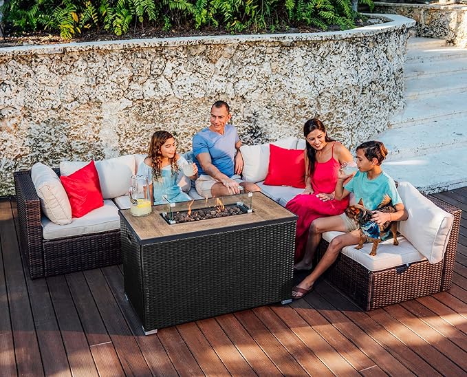 Nestl 43 Inch Fire Pit for Outdoor - 50,000 BTU Outdoor Propane Fire Pit Table with Lid, Rain Cover & Lava Rocks - Patio Fire Pit Table with Tempered Glass for Backyard Gatherings - Grey