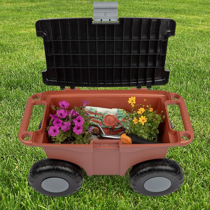 Pure Garden Rolling Garden Cart with Seat, Terracotta | Plastic Garden Bench with Tool Tray for Storage - Gardening Stool for Weeding or Planting
