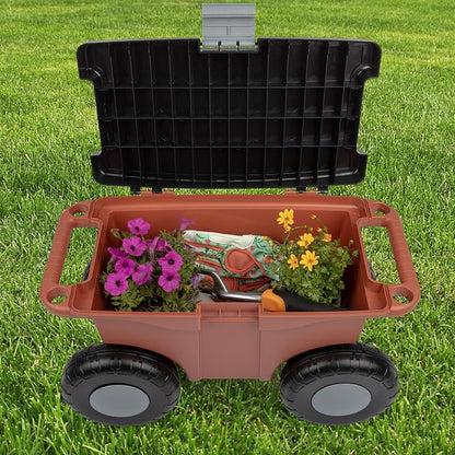 Pure Garden Rolling Garden Cart with Seat, Terracotta | Plastic Garden Bench with Tool Tray for Storage - Gardening Stool for Weeding or Planting