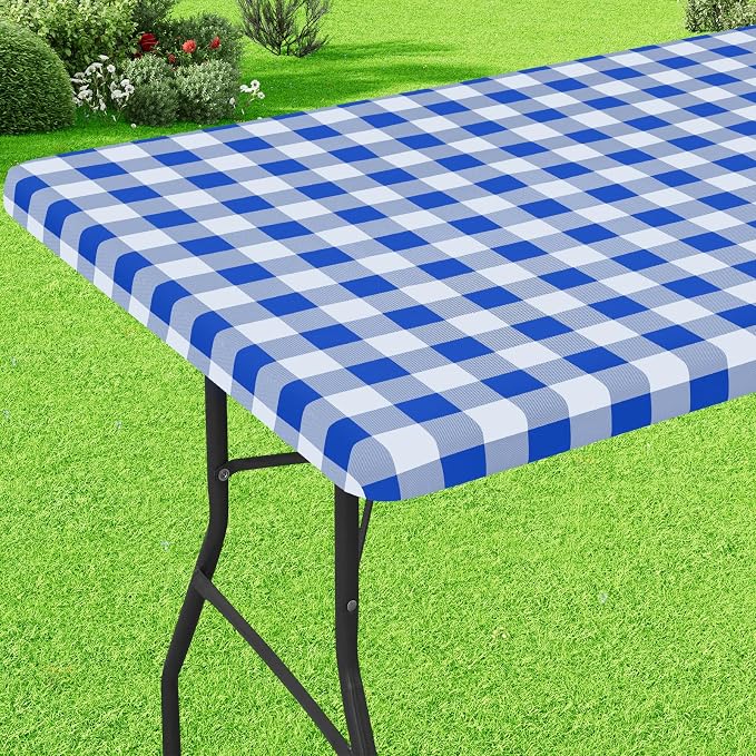 Buffalo Rectangle Picnic Tablecloth, 8 Foot Elastic Fitted Vinyl Table Cloth with Flannel Backing, Waterproof Plaid Table Covers for Dining, Camping, Outdoor (Blue and White, 30" x 96")
