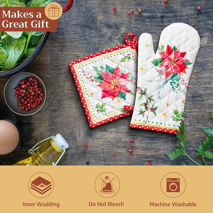 Maison d' Hermine Pot Holders 100% Cotton Potholders (8" x 8", Pack of 1) | Heat Resistant Hot Pads with Loop BBQ Cooking Baking Kitchen Handling Hot Pans Thanksgiving Christmas - Poinsettia Christmas