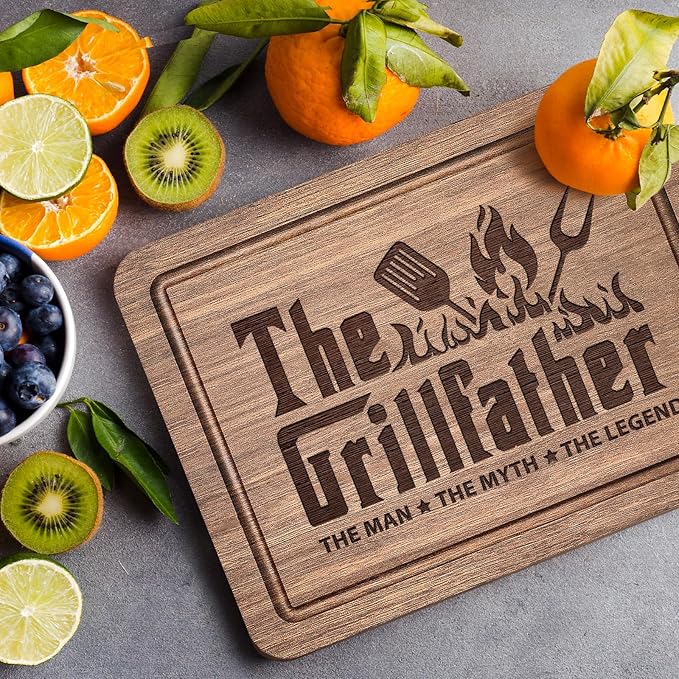 Fathers Day Birthday Gift for Dad, The Grillfather Walnut Wood Cutting Board, Dads Gift from Daughter Son, Cool Kitchen Gifts for BBQ, Grill Masters, Best Dad Board Present for Dads, Father, Daddy