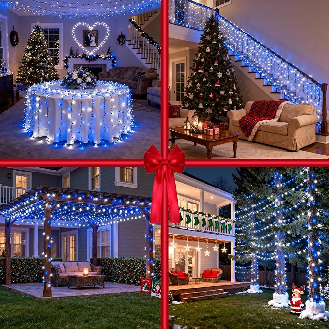 Christmas String Lights Outdoor Green Wire 240FT 750 LED Blue & White | Dimmable, 12 Light Styles, Memory Timer, Waterproof, 29V Safe Low Voltage, Diamond-Faceted LED, Energy Efficiency