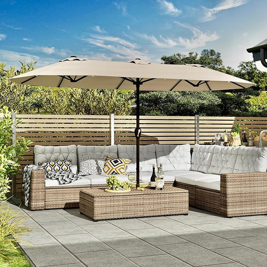 Kingdura 15ft Large Patio Umbrella with Base Included, Double-Sided Rectangle Outdoor Table Umbrella with 12 Reinforced Ribs, Crank Lift for Market Pool Deck Backyard, Beige