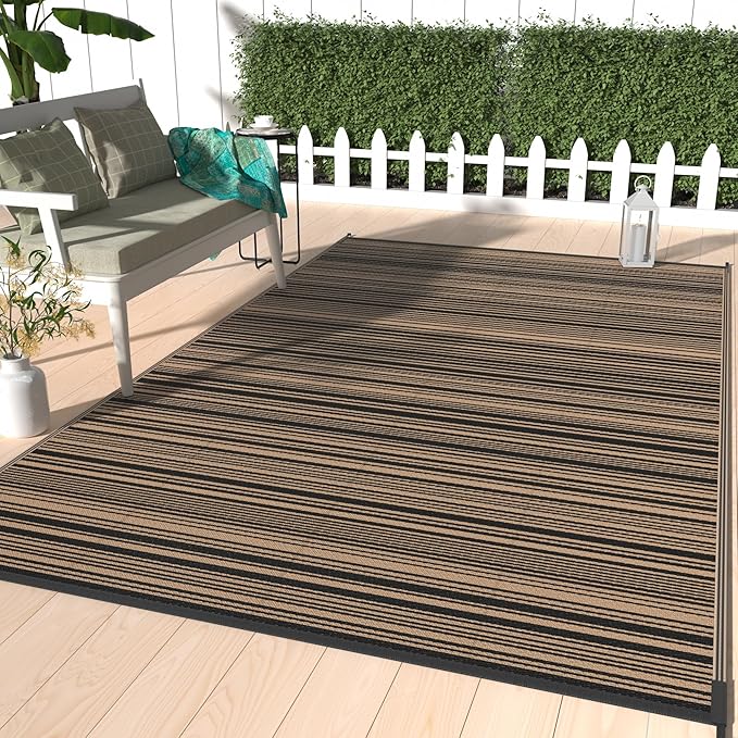 GENIMO Outdoor Rug, Waterproof Plastic Rugs for Patio, 9'x12' Light Brown | Outside Larger Modern Carpet Mat for Porch Decor, Deck, Balcony, Camping, RV, Backyard, Picnic, Beach, Reversible, Foldable