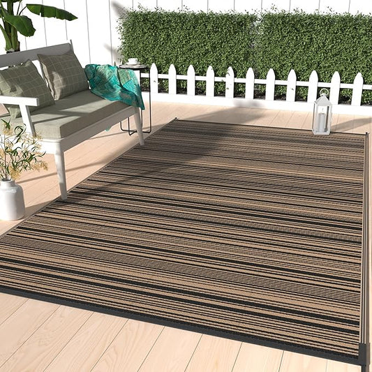 GENIMO Outdoor Rug, Waterproof Plastic Rugs for Patio, 9'x12' Light Brown | Outside Larger Modern Carpet Mat for Porch Decor, Deck, Balcony, Camping, RV, Backyard, Picnic, Beach, Reversible, Foldable